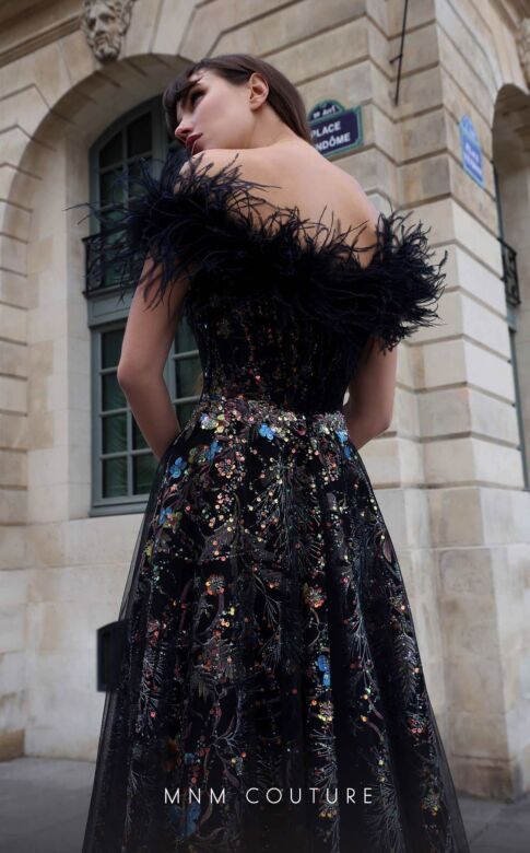 MNM Couture K4021 Feather Neckline Floral Embroidery Dress