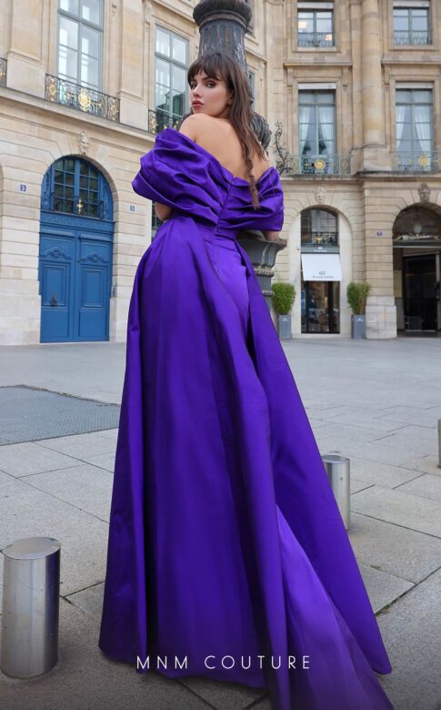 MNM Couture K4029 Double Overskirt High Slit Off The Shoulder Dress