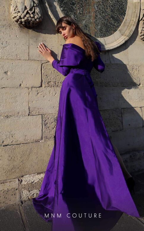 MNM Couture K4030 Side Skirt Off The Shoulder Long Sleeve Dress