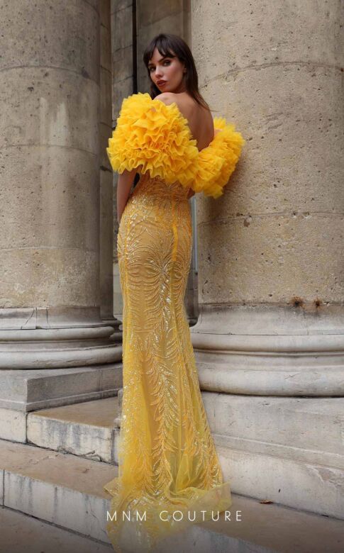 MNM Couture K4031 Ruffle Neckline Embellished Illusion Dress