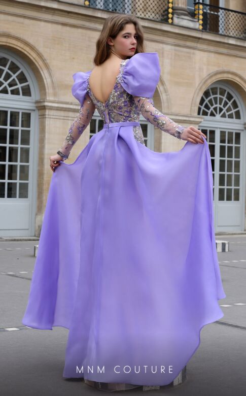 MNM Couture K4075 Bow Sleeves Plunging Neck Embroidered Dress