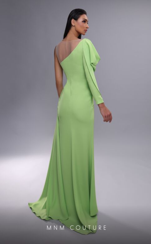 MNM Couture K4086 Illusion Neckline One Sleeve High Slit Dress