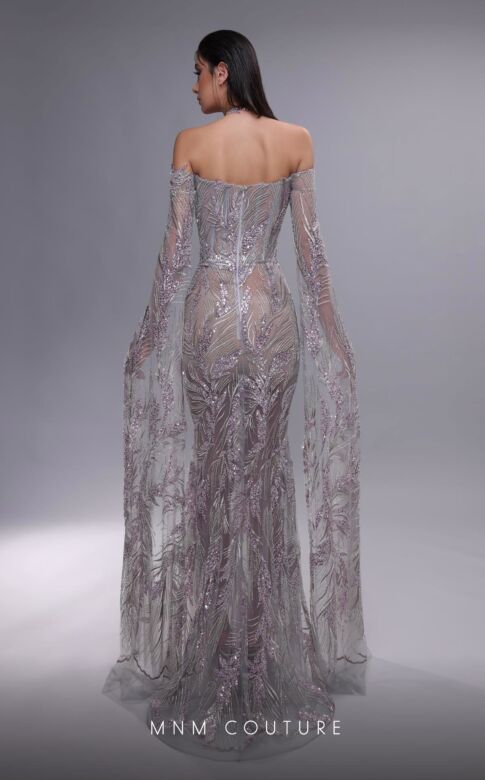 MNM Couture K4090 Floor-Length Sleeves Embroidered Sheer Dress