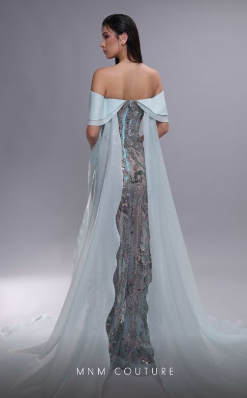 MNM Couture K4092 Double Cape Off The Shoulder Illusion Dress