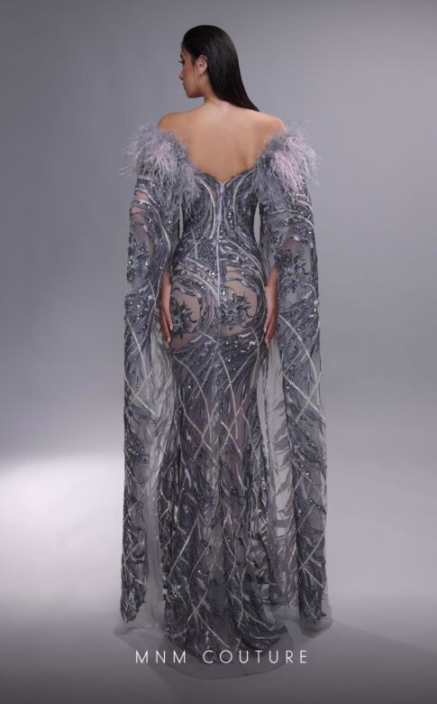 MNM Couture K4097 Floor-Length Sleeves Feather Neckline Dress