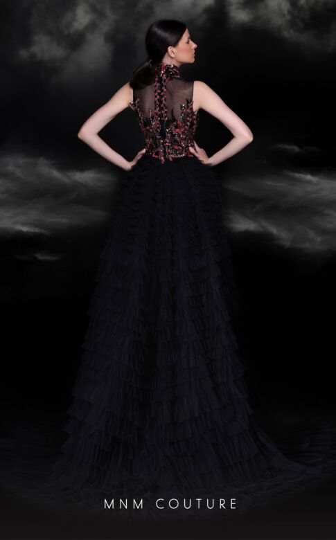 MNM Couture K4099 Ruffle Overskirt High Neck Illusion Dress