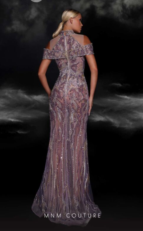 MNM Couture K4103 Mandarin Collar Cold Shoulder Embellished Dress