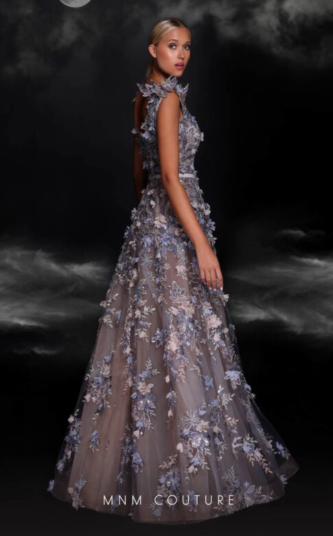 MNM Couture K4106 Floral Appliques Plunging Neck Dress