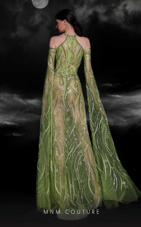 MNM Couture K4109 Floor-Length Sleeves High Slit Sheer Dress