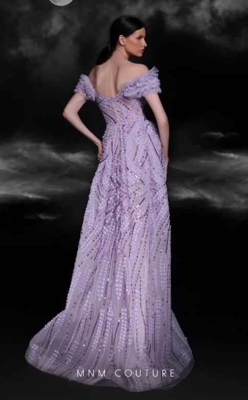 MNM Couture K4120 Long Overskirt High Slit Sheer Lace Dress