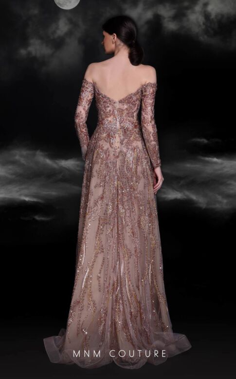 MNM Couture K4121 Long Overskirt Off The Shoulder Embellished Dress