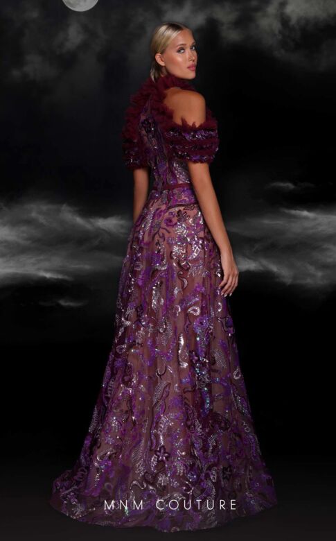 MNM Couture K4122 Ruffle Neckline Cold Shoulder Embroidered Dress