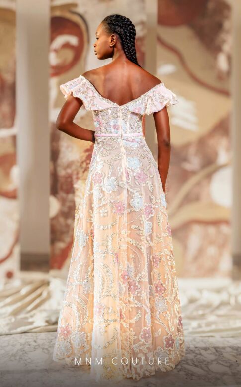 MNM Couture K4162 Ruffle Neckline Floral Embroidery Dress