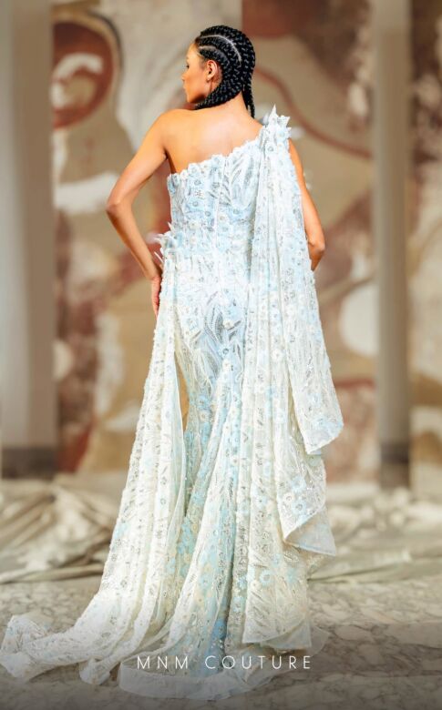 MNM Couture K4173 Side Tail One Shoulder Embroidered Dress