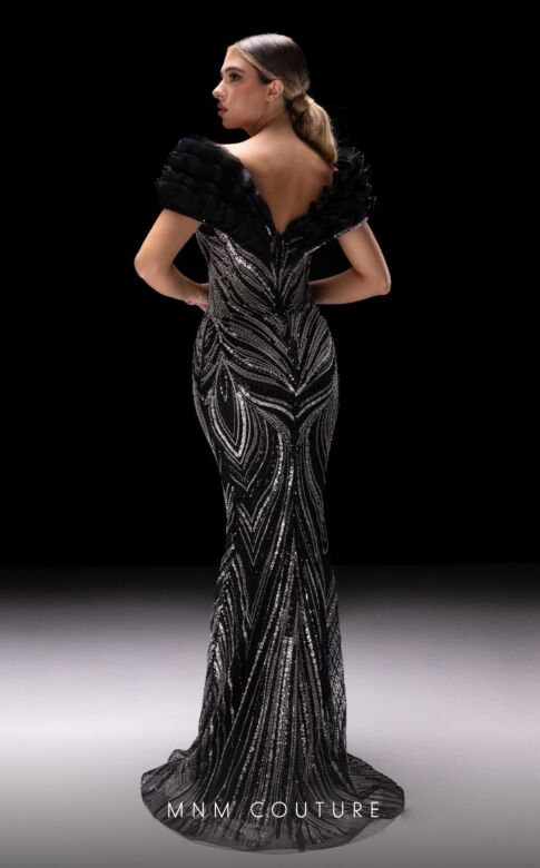 MNM Couture K4218 Ruffle Neckline Embellished Dress