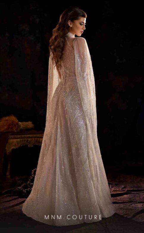 MNM Couture K4223 Cape Sleeve Beaded A-Line Dress