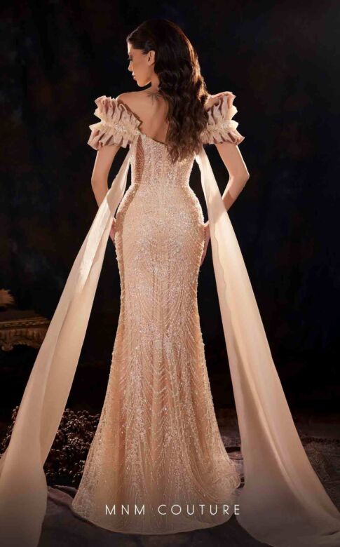 MNM Couture K4254 Double Streamer Off The Shoulder Embellished Dress
