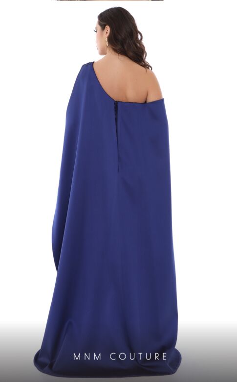 MNM Couture V6265 Cape Train Asymmetrical Neck Floral Dress