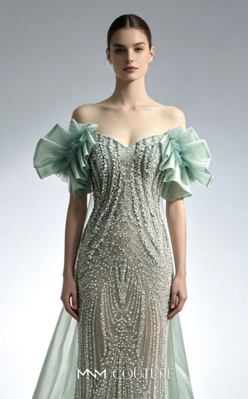 MNM Couture M1314 Organza Overskirt Ruffle Sleeve Dress