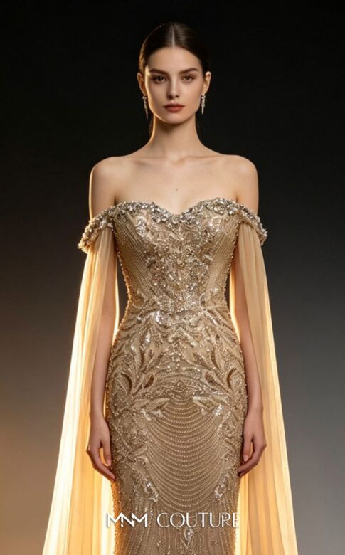 MNM Couture M1315 Hanging Sleeve Beaded Gold Dress