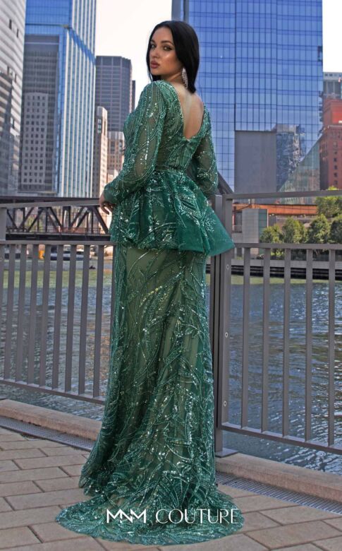 MNM Couture M1140 Illusion Neck Beaded Ruffle Peplum Dress