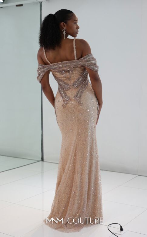 MNM Couture M0023 Cold-Shoulder Beaded Champagne Dress