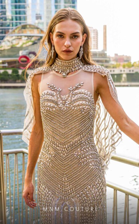 MNM Couture M1141 Jewel Neck Beaded Silver Cape Dress