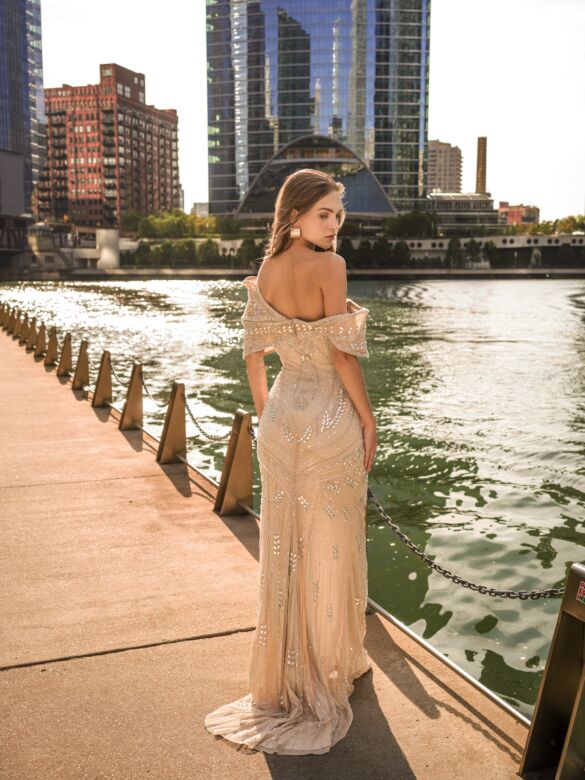 MNM Couture M1168 Off-The-Shoulder Beaded Beige Slim Dress