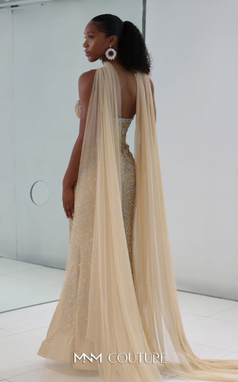 MNM Couture M1188 Sweetheart Neck Beige Beaded Choker Dress
