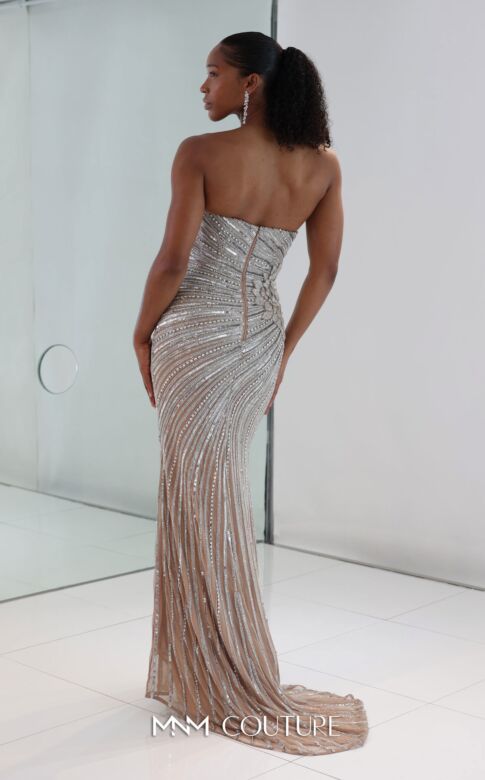 MNM Couture M1189 Scoop Neck Beaded Overskirt Silver Dress