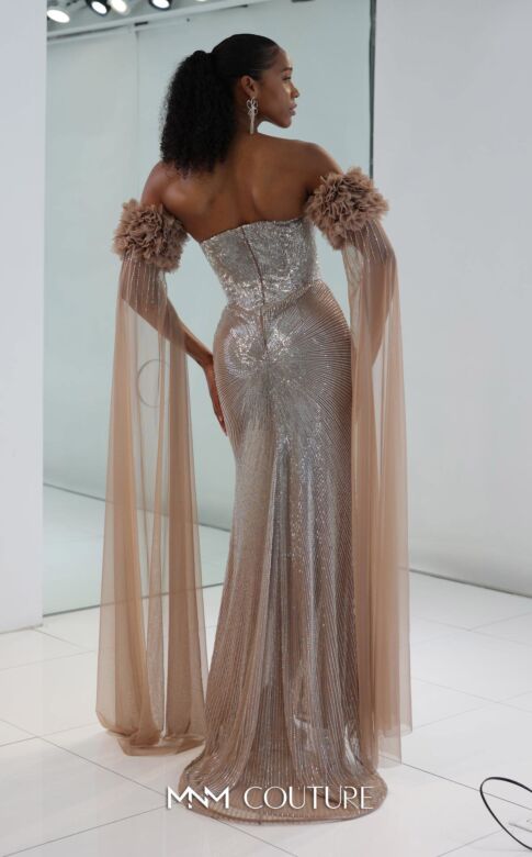 MNM Couture M1190 Sheer Sleeve Front Slit Silver Dress