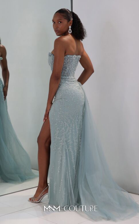 MNM Couture M1311 Side Slit Overskirt Beaded Blue Dress