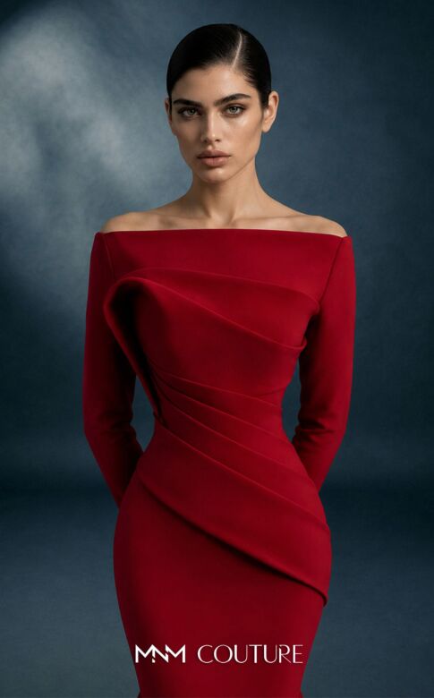 MNM Couture N0761 Red Long Sleeve Pleated Bodice Dress