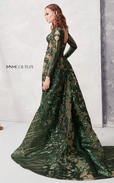 MNM Couture N0270 Long Sleeve V-Neck Sequin Overskirt Dress