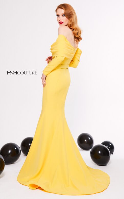 MNM Couture N0324 Buckle Belt Off The Shoulder Long Sleeve Dress