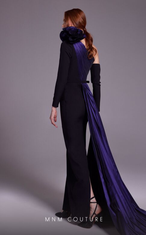 MNM Couture N0529 Panel Train Long Sleeve One Shoulder Dress