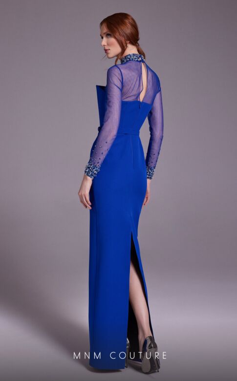 MNM Couture N0530 Illusion Sleeves High Neck Back Slit Dress