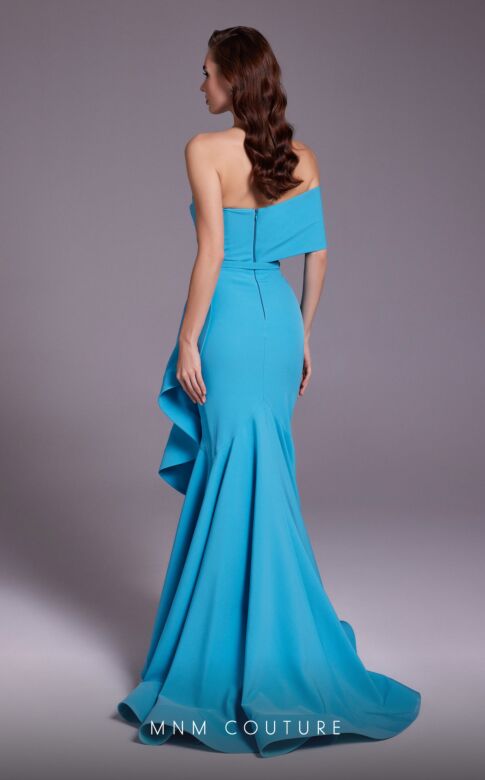MNM Couture N0546 One Sleeve Belted Waist High Low Dress