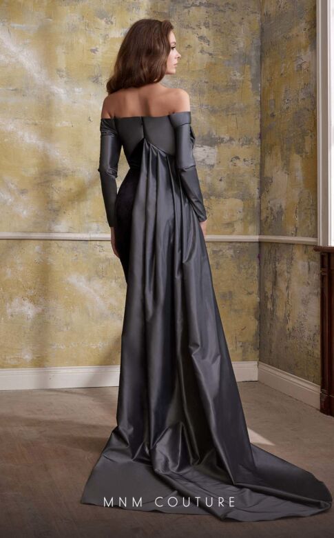MNM Couture N0565 Panel Train Bow Neckline Dress