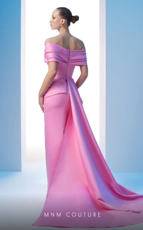 MNM Couture N0607 Panel Train Draped Top Satin Dress