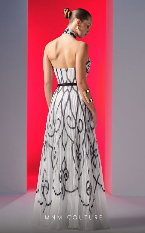 MNM Couture N0614 Cross-Halter Neckline Pleated Print Dress