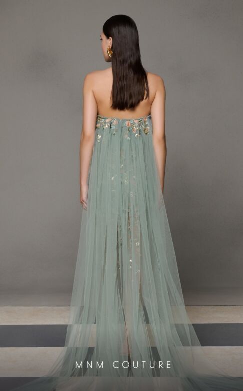 MNM Couture N0625 Watteau Train Embroidered Skirt Strapless Dress