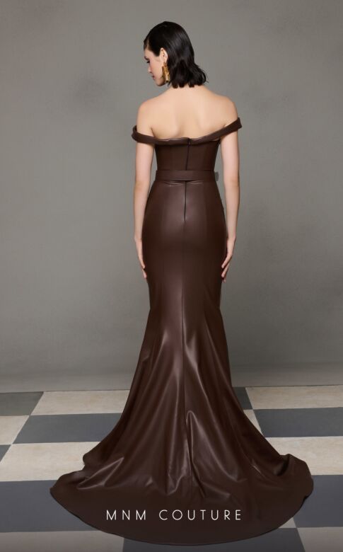 MNM Couture N0630 Buckle Belt Off The Shoulder Leather Dress