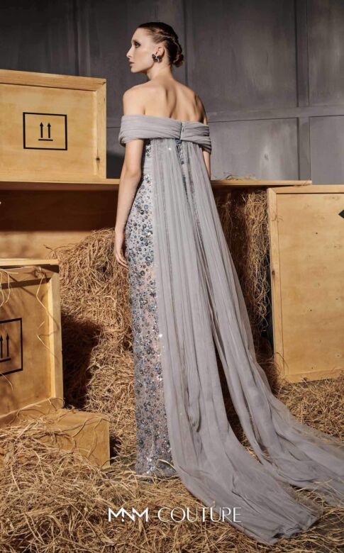 MNM Couture N0652 Back Streamer Off-The-Shoulder Beaded Dress