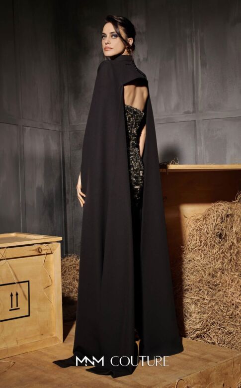 MNM Couture N0657 Long Cape Sleeve Beaded Strapless Dress