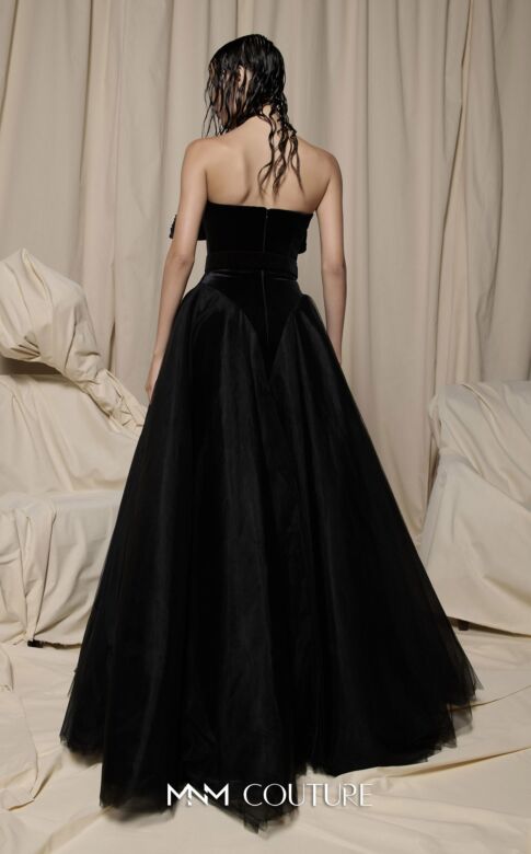 MNM Couture N0713 Belted Waist Bow Neck Velvet Dress