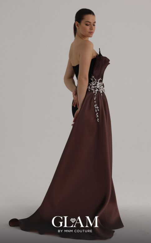 MNM Couture O07862 Strapless V-Neck Brown Side Tail Dress