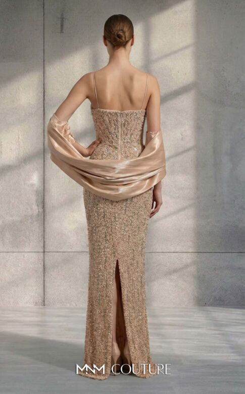 MNM Couture V08061 Spaghetti Strap Beaded Beige Dress