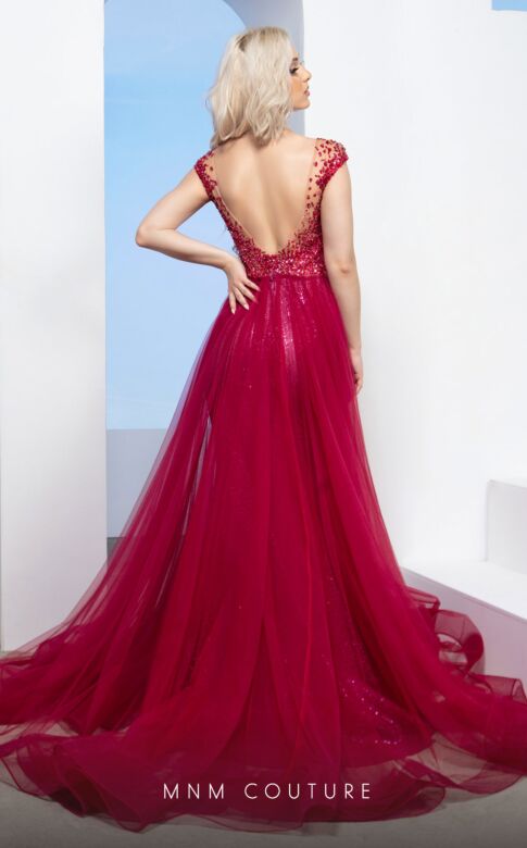 MNM Couture M0083 Scoop Back Illusion Neck Tulle Overskirt Dress