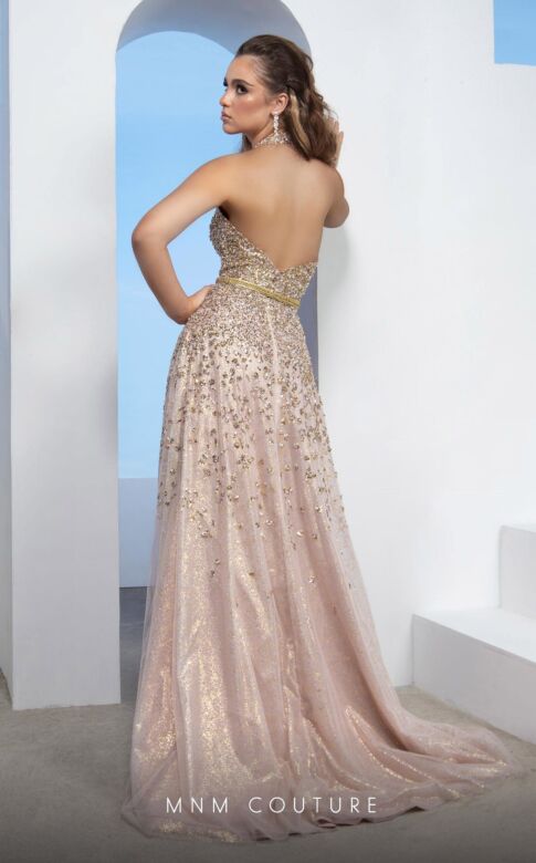 MNM Couture M0086 Halter Neck Bare Back Embellished Dress